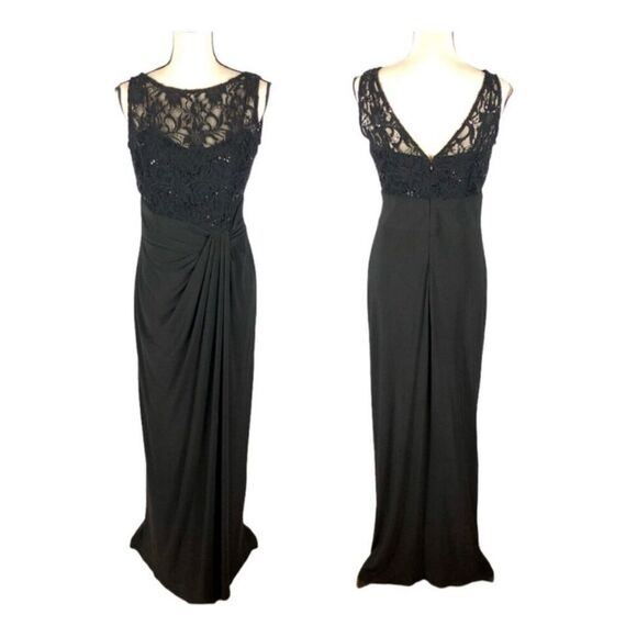 Ralph Lauren Evening Size 6 High Neck Lace Top Evening Gown Black Draped Formal - Picture 1 of 15